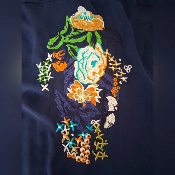 Zara Basic/ Blue Blouse with Dolman Sleeves/ Floral Applique/ Size US L - Picture 4 of 9